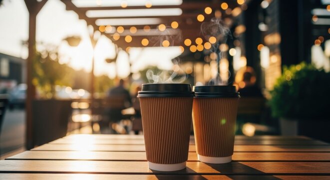 Two Coffee Cups on a Table at Outdoor Cafe.