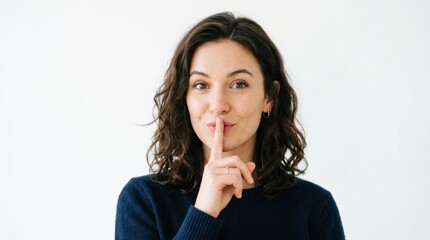 Naklejka premium Young Woman Making Shhh Gesture with Finger on Lips, Asking for Silence or Keeping a Secret on White Background