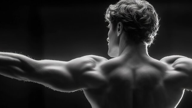 Monochrome Shot of Muscular Male's Sculpted Back, Dramatic Backlighting, Fitness and Bodybuilding Strength Concept