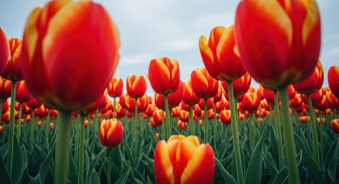Vibrant Field of Red and Yellow Tulips Under a Cloudy Sky.