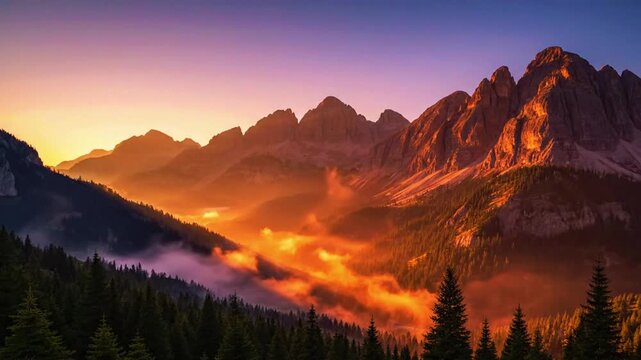 a wide cinematic view of mountains with warm sunrise haze drifting slowly 