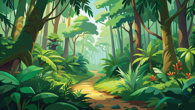 Beautiful green forest with a dirt path winding through lush trees and vibrant tropical plants on a bright sunny day Vector