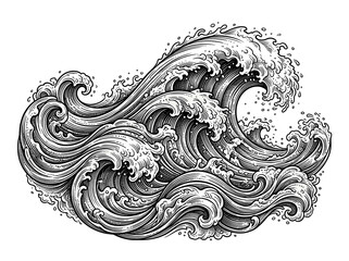 Fototapeta premium Powerful ocean waves crashing with intricate detail in a dramatic, monochromatic etching style, evoking a sense of raw natural energy.