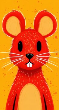 Whimsical Red Mouse Illustration with Big Ears and White Whiskers.