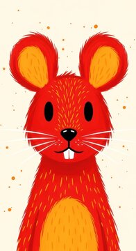 Whimsical Red Mouse Illustration with Big Ears and Cheerful Expression.