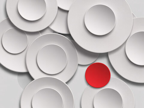 A red circle stands out among a collection of white circles on a light gray background