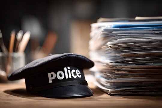 Police Hat and Stack of Documents on a Wooden Desk.