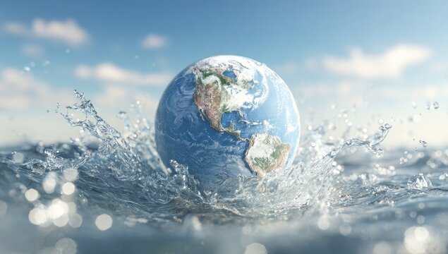Planet Earth Emerging from Splashing Water Under a Cloudy Sky.