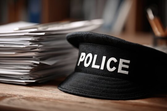 Police Officers Cap and Stack of Documents on Wooden Desk.