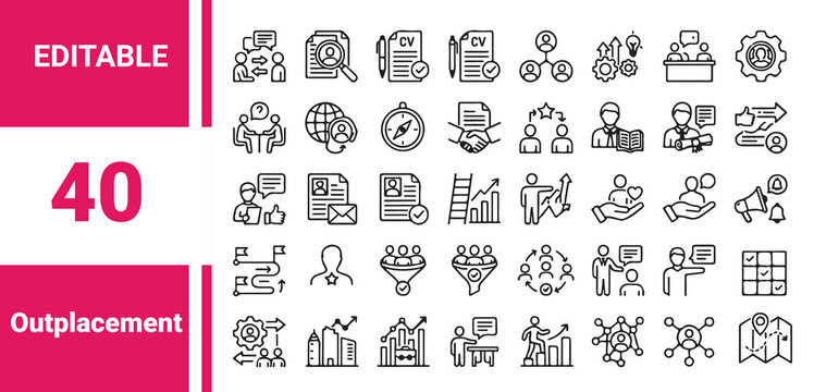 Outplacement icon set contains labor market, preparation, skills, resume, consult, advice, mentorship,