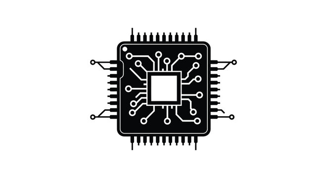 Detailed black microchip illustration with complex circuitry a striking silhouette