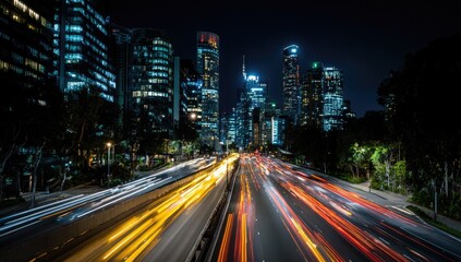Fototapeta premium Vibrant Cityscape at Night with Streaking Car Lights.