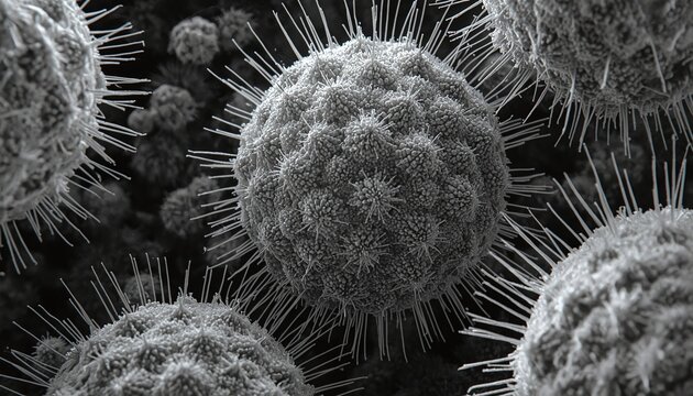 Pollen grains under a scanning electron microscope (SEM) &ndash; highly textured surfaces, intricate geometric patterns, botanical science and palynology research