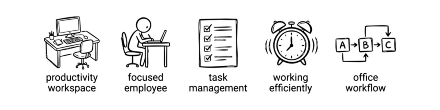 Hand-drawn doodle icon set for business productivity, including workspace, focused employee, task management checklist, alarm clock, and office workflow diagram.