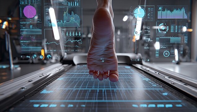 Futuristic Foot Scan Technology Analyzing Biometric Data on a Treadmill.