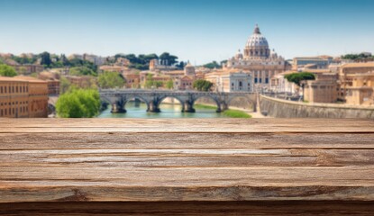 Fototapeta premium Scenic View of St. Peters Basilica and Tiber River in Rome with Wooden Table Foreground.