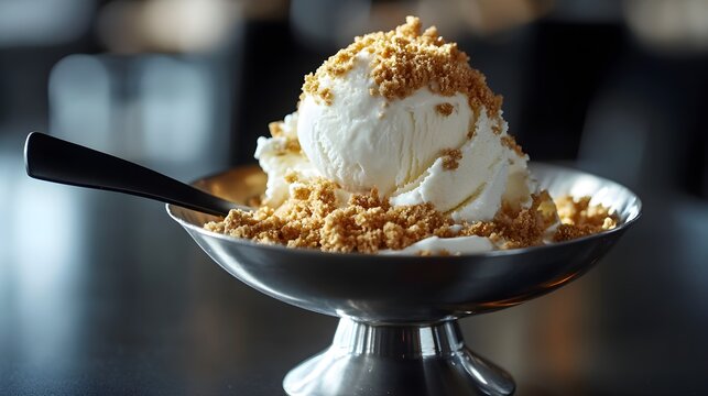 Vanilla ice cream with cookie crumble topping in a metal dish