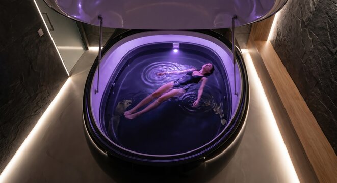Woman floating in sensory deprivation pod in luxury spa