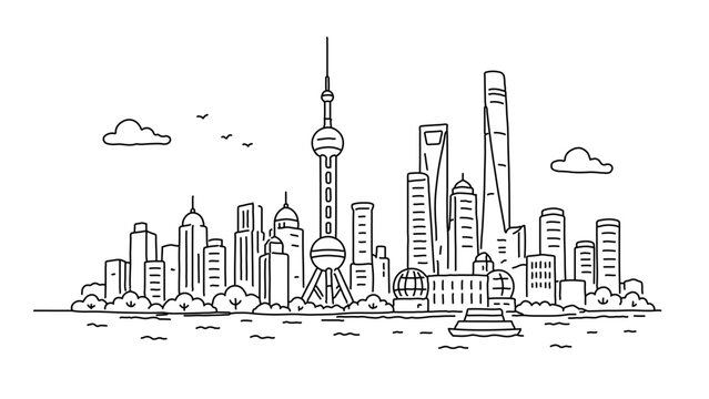 Shanghai city skyline doodle illustration with iconic urban buildings in simple hand drawn style, perfect for travel, cityscape, architecture and modern China themed design