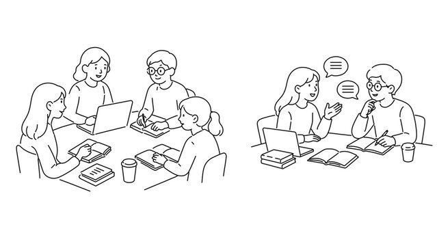 Minimal line illustration of students studying and discussing together at desk with laptop and books, teamwork learning concept, clean modern outline style for education and collaboration design