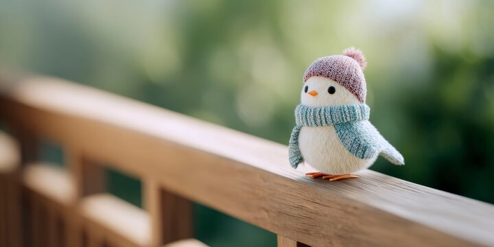 a cute little bird wearing a hat and scarf perched on the railing of a wooden deck