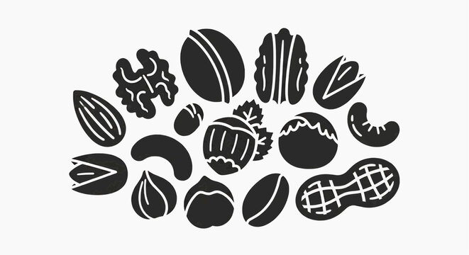 Assortment of various nuts and seeds, illustration on white background, healthy snack concept