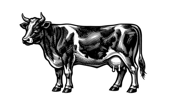 A black and white illustration of a cow standing with its head turned to the left on a white background