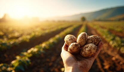 Obraz premium Freshly Harvested Potatoes Held in Hand at Sunrise on a Farm Field.