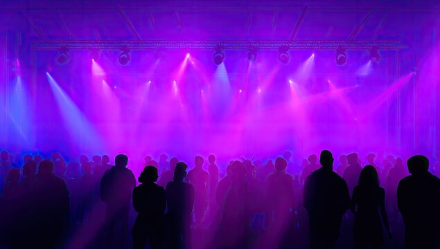 Vibrant Purple Stage Lights Illuminating a Crowd at a Concert.