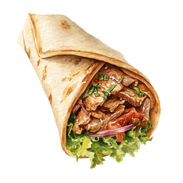 Shawarma watercolor vector, hand-painted style, high-quality illustration isolated on white background.