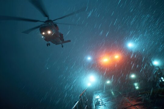 Helicopter Flying Through Heavy Rain and Fog at Night.