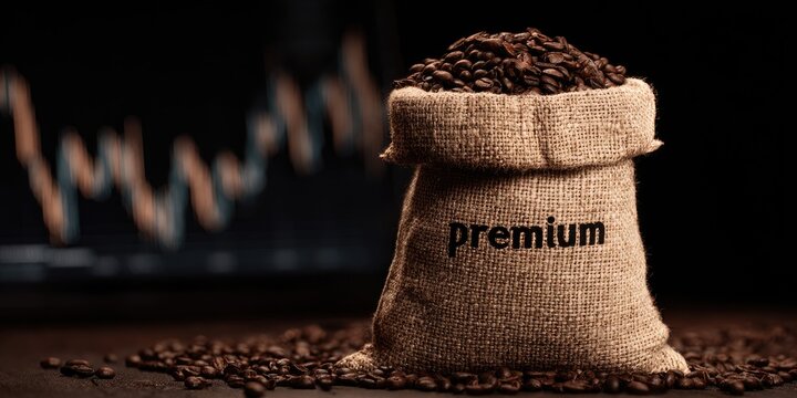 Premium Coffee Beans in a Burlap Sack with Financial Chart Background.