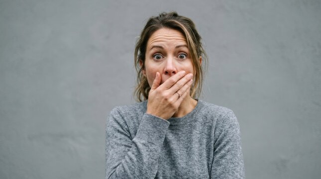 Close-up portrait of a surprised young woman with wide eyes and hand covering her mouth, expressing shock, fear, or disbelief against a neutral gray background.