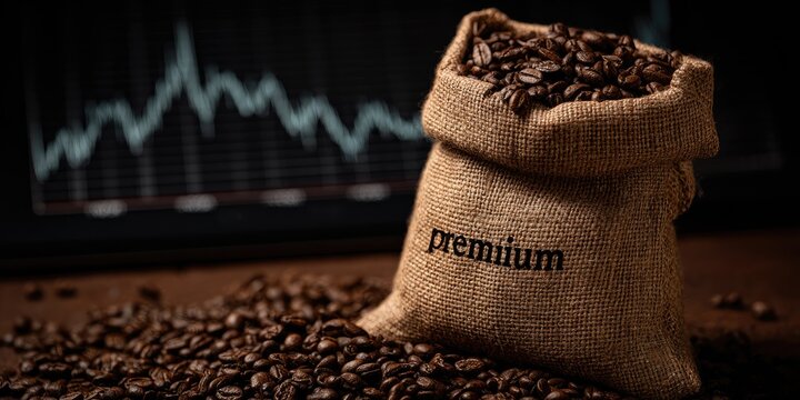 Premium Coffee Beans in Burlap Sack with Financial Chart Background.