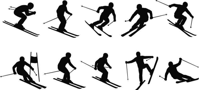 Skiing silhouette set winter sports vector collection dynamic skier poses downhill action black illustration