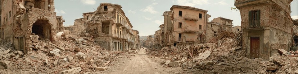 Fototapeta premium Panoramic view of a destroyed city street with rubble and damaged buildings.