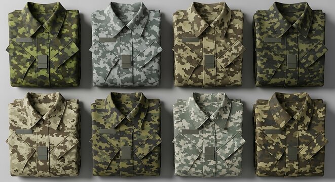 Variety of camouflage military shirts displayed.