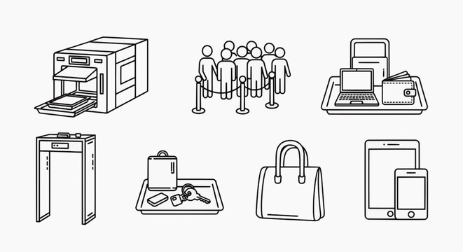 People interact with printers and electronics at a security checkpoint with luggage.
