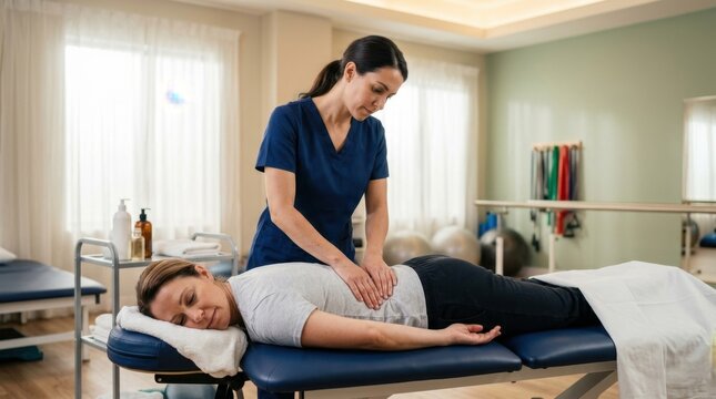 Professional female physiotherapist performing a therapeutic lower back massage on a woman patient in a modern rehabilitation clinic, focusing on pain relief and recovery.