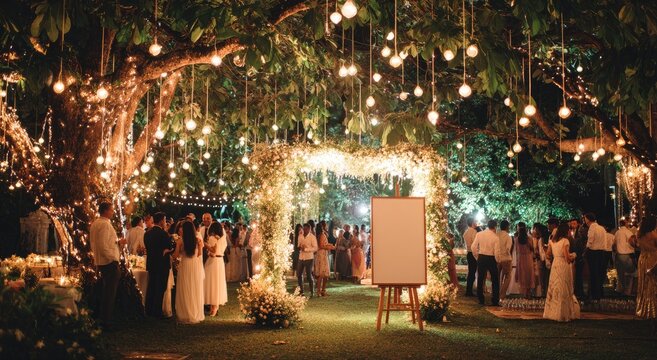 Magical Evening Wedding Ceremony Illuminated by Fairy Lights.