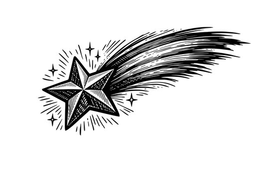 Black and white illustration of a shooting star with a trail of sparks and lines on a white background for decoration and design
