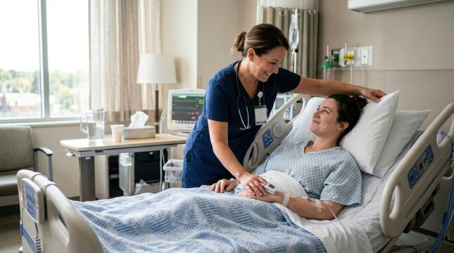 Compassionate nurse tending to a pregnant patient in a hospital bed, offering comfort and support during her recovery and medical care in a bright hospital room.