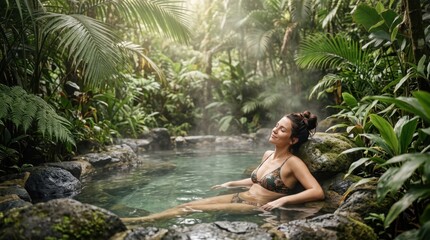 Fototapeta premium Serene woman relaxing in a natural hot spring, surrounded by lush tropical jungle foliage with steam rising from the warm water, offering a tranquil escape and wellness experience.