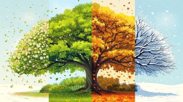 A single tree depicting the four changing seasons of the year from spring summer autumn and winter split into four distinct vertical panels showing nature cycle and seasonal transition