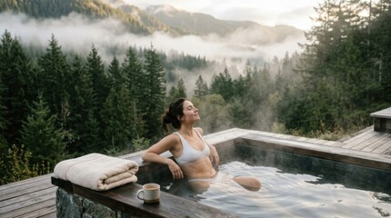 Fototapeta premium Woman relaxing in a luxurious outdoor hot tub with stunning misty mountain and forest views, enjoying a serene and peaceful wellness experience.