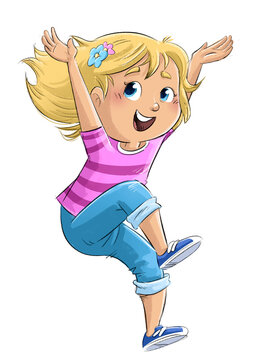 Little blonde girl jumping with her arms raised
