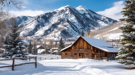 Fototapeta premium Rustic wooden cabin in snowy mountain valley during sunny winter day