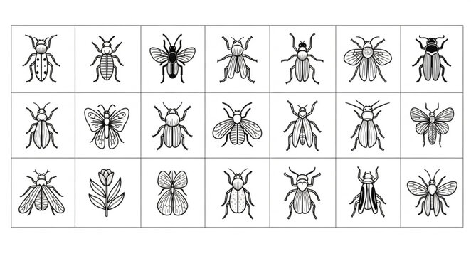 Collection of stylized insect illustrations in black and white.