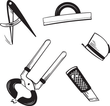 PrintEngineering tool silhouette set,
Compass protractor plier knife icons,
Sharp black line vector art,