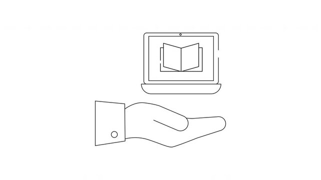 Hand holding laptop with open book icon digital learning concept.